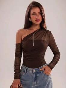 SHEIN BAE Spring/Summer Solid Black Asymmetric Neck Cut-Out Sheer Sexy Slim Fit Bodysuit For Women - Coffee Brown - View 5