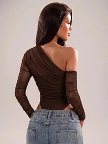 SHEIN BAE Spring/Summer Solid Black Asymmetric Neck Cut-Out Sheer Sexy Slim Fit Bodysuit For Women - Coffee Brown - View 2