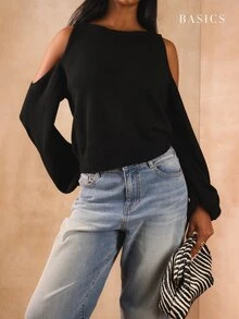 Dancing Leopard ملابس علوية محبوكة سوداء بياقة قارب وأكمام بالون، ملابس عطلة نهاية الأسبوع في الخريف والشتاء - الأسود - مشاهدة 1