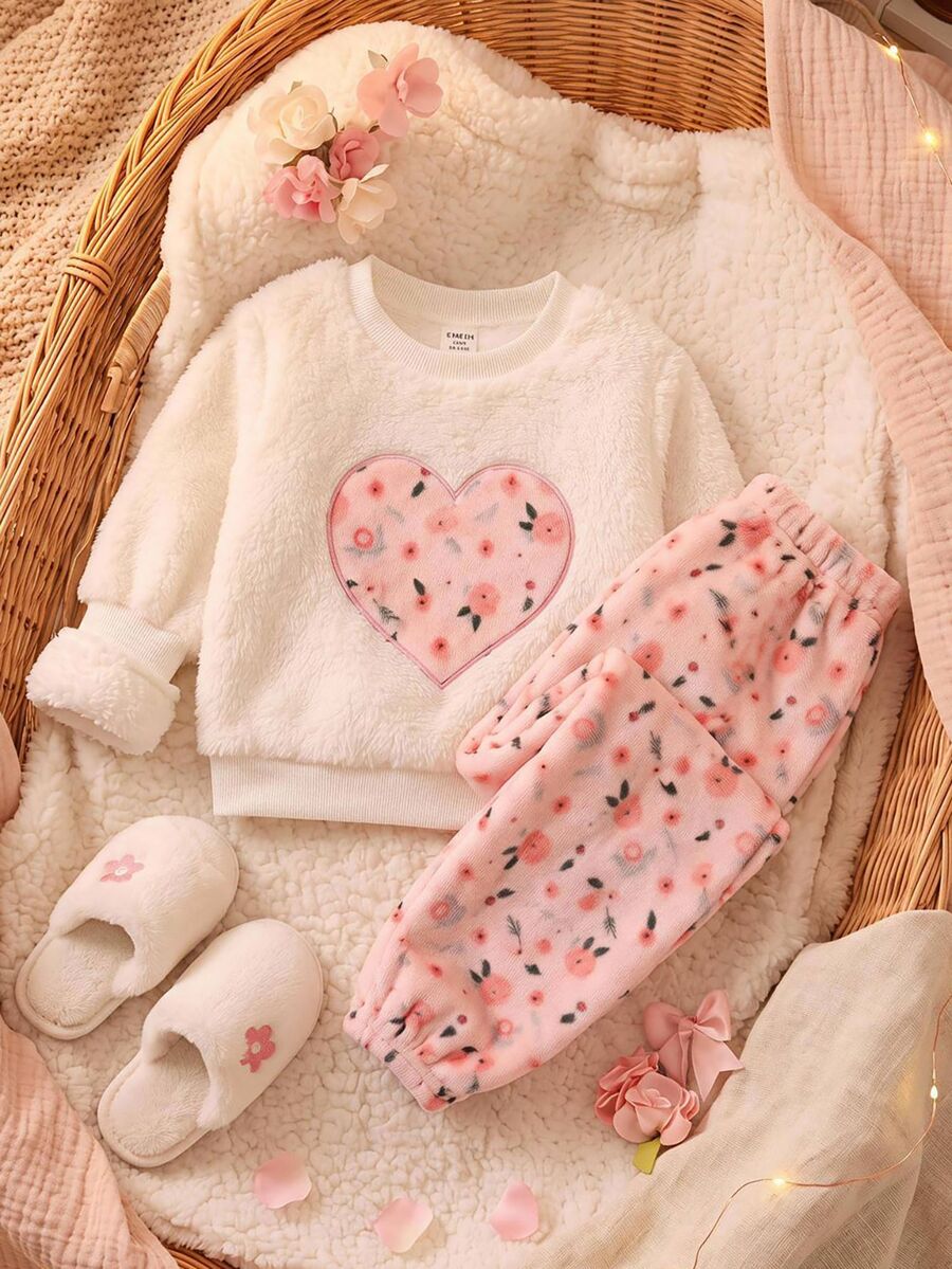 2pcs/Set Cute Fluffy Heart Pattern Ditsy Floral Loungewear Set For Baby Girls - Pink - View 1