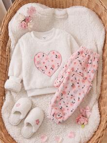 2件組可愛蓬鬆愛心圖案碎花女嬰居家服套裝 - 粉色 - 查看 4