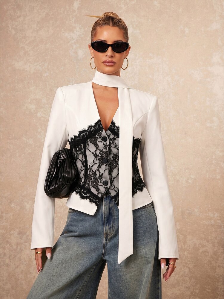 Lumalex Women's Elegant Commute Black & White Color Block Black Lace Design Blazer Jacket, Autumn Style,Teacher - White - View 6