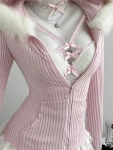 Elamini 女款白色針織抓絨羅紋仿毛領長袖修身短版拉鍊連帽衛衣，秋冬極簡百搭通勤校園休閒運動日常穿搭，甜美可愛適合外出約會 - 粉色 - 查看 7