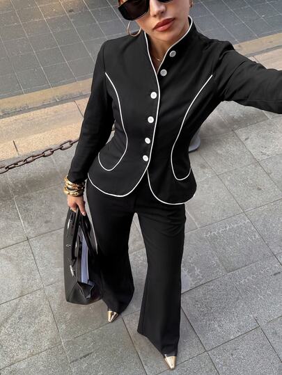 Siren Gaze Conjunto de traje casual de chaqueta de manga larga con botones simples y pantalones con bloques de color para mujer