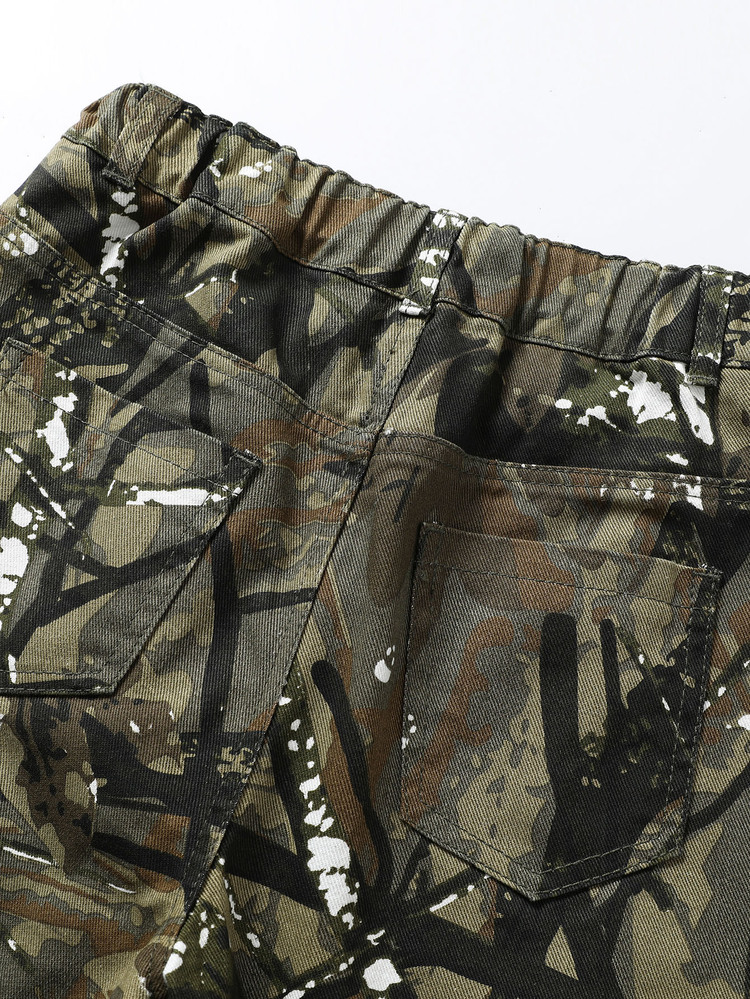SHEIN Boys' Branch Camo Patchwork Front Cuffed Washed Denim Jeans, Fashion Casual Streetwear Style For School And Outings Autumn Winter - Army Green - View 7