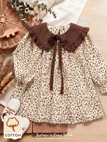 SHEIN LMoss Kids 女嬰女童可愛度假休閒杏色格紋蝴蝶結長袖寬鬆洋裝，秋季花卉洋裝，學校、返校、校服 - 咖啡棕 - 查看 7