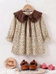 SHEIN LMoss Kids 女嬰女童可愛度假休閒杏色格紋蝴蝶結長袖寬鬆洋裝，秋季花卉洋裝，學校、返校、校服 - 咖啡棕 - 查看 4