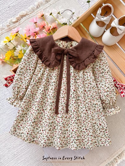 SHEIN Baby Girl Young Girls Cute Vacation Casual Apricot Plaid Pattern Bow Long Sleeve Loose Dress Autumn Floral Dress, School ,Back To School,School Uniform