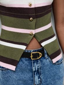 Maija Women's Brown Stripe Knit Sleeveless Round Neck Top With Metal Button Decoration Brunch French Retro Vintage 70s 2000s - Multicolor - View 6