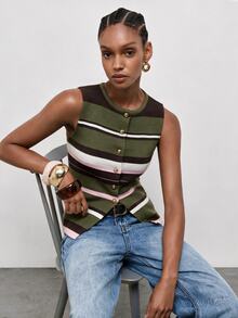 Maija Women's Brown Stripe Knit Sleeveless Round Neck Top With Metal Button Decoration Brunch French Retro Vintage 70s 2000s - Multicolor - View 2