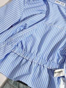 SHEIN Tween Girl Loose-Fit Casual Blue And White Stripe Collared Button-Up Asymmetric Hem Ruffled Shirt,Elegant Summer School Back-To-School Daily Blouse - Blue - View 5