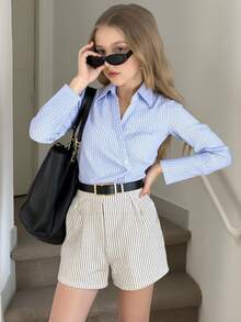SHEIN Tween Girl Loose-Fit Casual Blue And White Stripe Collared Button-Up Asymmetric Hem Ruffled Shirt,Elegant Summer School Back-To-School Daily Blouse - Blue - View 7