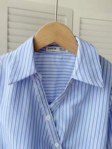 SHEIN Tween Girl Loose-Fit Casual Blue And White Stripe Collared Button-Up Asymmetric Hem Ruffled Shirt,Elegant Summer School Back-To-School Daily Blouse - Blue - View 3