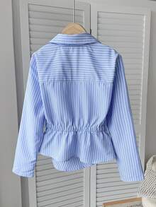 SHEIN Tween Girl Loose-Fit Casual Blue And White Stripe Collared Button-Up Asymmetric Hem Ruffled Shirt,Elegant Summer School Back-To-School Daily Blouse - Blue - View 2