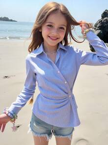 SHEIN Tween Girl Loose-Fit Casual Blue And White Stripe Collared Button-Up Asymmetric Hem Ruffled Shirt,Elegant Summer School Back-To-School Daily Blouse - Blue - View 6
