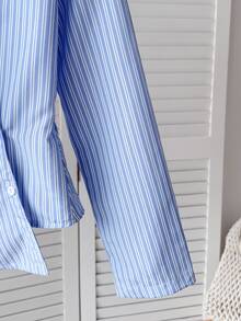 SHEIN Tween Girl Loose-Fit Casual Blue And White Stripe Collared Button-Up Asymmetric Hem Ruffled Shirt,Elegant Summer School Back-To-School Daily Blouse - Blue - View 4