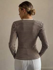 Hapijoa Teen Girls Round Neck Striped Pattern Fashion Casual Long Sleeve T-Shirt - Apricot - View 2
