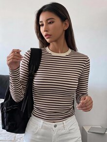 Hapijoa Teen Girls Round Neck Striped Pattern Fashion Casual Long Sleeve T-Shirt - Apricot - View 4