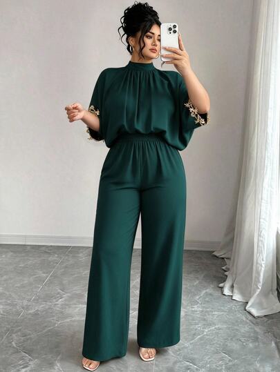 Elenzga Plus Size Women's Elegant Short Sleeve Jumpsuit, Stand Collar, Back Tie, Embroidered Cuffs, Suitable For Casual And Party Wear Fall