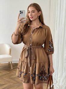 Easowa Curve Plus Size Vacation Cashew Print Single-Breasted Ruffle Hem Dress Fall - Multicolor - View 1