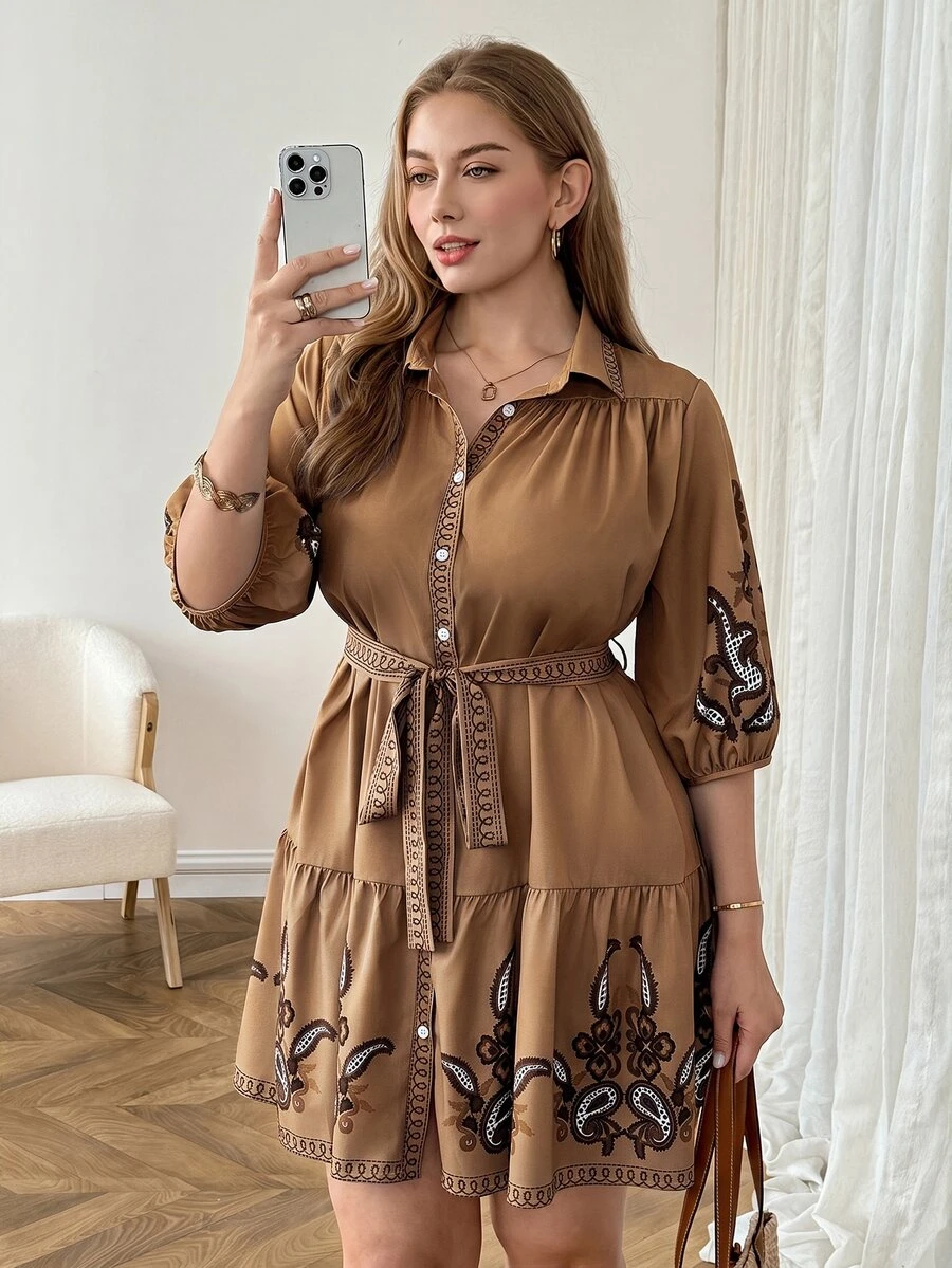 Easowa Curve Plus Size Vacation Cashew Print Single-Breasted Ruffle Hem Dress Fall - Multicolor - View 1