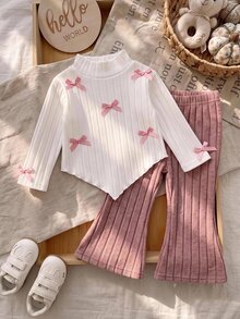 SHEIN Baby Girl Bow Decor Asymmetric Hem T-Shirt And Flare Pants Casual Set - Pink - View 2
