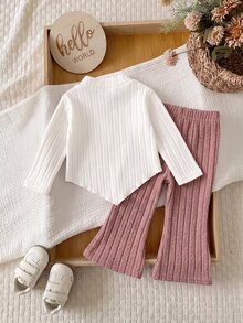 SHEIN Baby Girl Bow Decor Asymmetric Hem T-Shirt And Flare Pants Casual Set - Pink - View 6