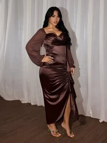 Rustia Plus Size Women's Cowl Neck Satin Long Sleeve Elegant Vintage Cute French Style Vacation Party Cocktail Commute Gathering Brown Satin Coffee Color Pleated Ruffle Bodycon Midi Dress With Slit - Brown - View 5