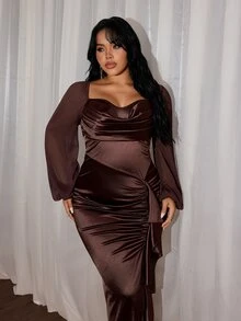 Rustia Plus Size Women's Cowl Neck Satin Long Sleeve Elegant Vintage Cute French Style Vacation Party Cocktail Commute Gathering Brown Satin Coffee Color Pleated Ruffle Bodycon Midi Dress With Slit - Brown - View 6