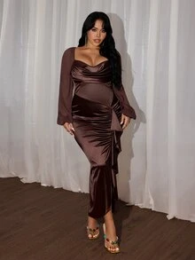 Rustia Plus Size Women's Cowl Neck Satin Long Sleeve Elegant Vintage Cute French Style Vacation Party Cocktail Commute Gathering Brown Satin Coffee Color Pleated Ruffle Bodycon Midi Dress With Slit - Brown - View 4