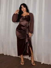 Rustia Plus Size Women's Cowl Neck Satin Long Sleeve Elegant Vintage Cute French Style Vacation Party Cocktail Commute Gathering Brown Satin Coffee Color Pleated Ruffle Bodycon Midi Dress With Slit - Brown - View 8