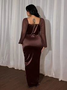 Rustia Plus Size Women's Cowl Neck Satin Long Sleeve Elegant Vintage Cute French Style Vacation Party Cocktail Commute Gathering Brown Satin Coffee Color Pleated Ruffle Bodycon Midi Dress With Slit - Brown - View 2