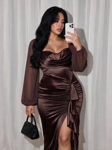 Rustia Plus Size Women's Cowl Neck Satin Long Sleeve Elegant Vintage Cute French Style Vacation Party Cocktail Commute Gathering Brown Satin Coffee Color Pleated Ruffle Bodycon Midi Dress With Slit - Brown - View 1