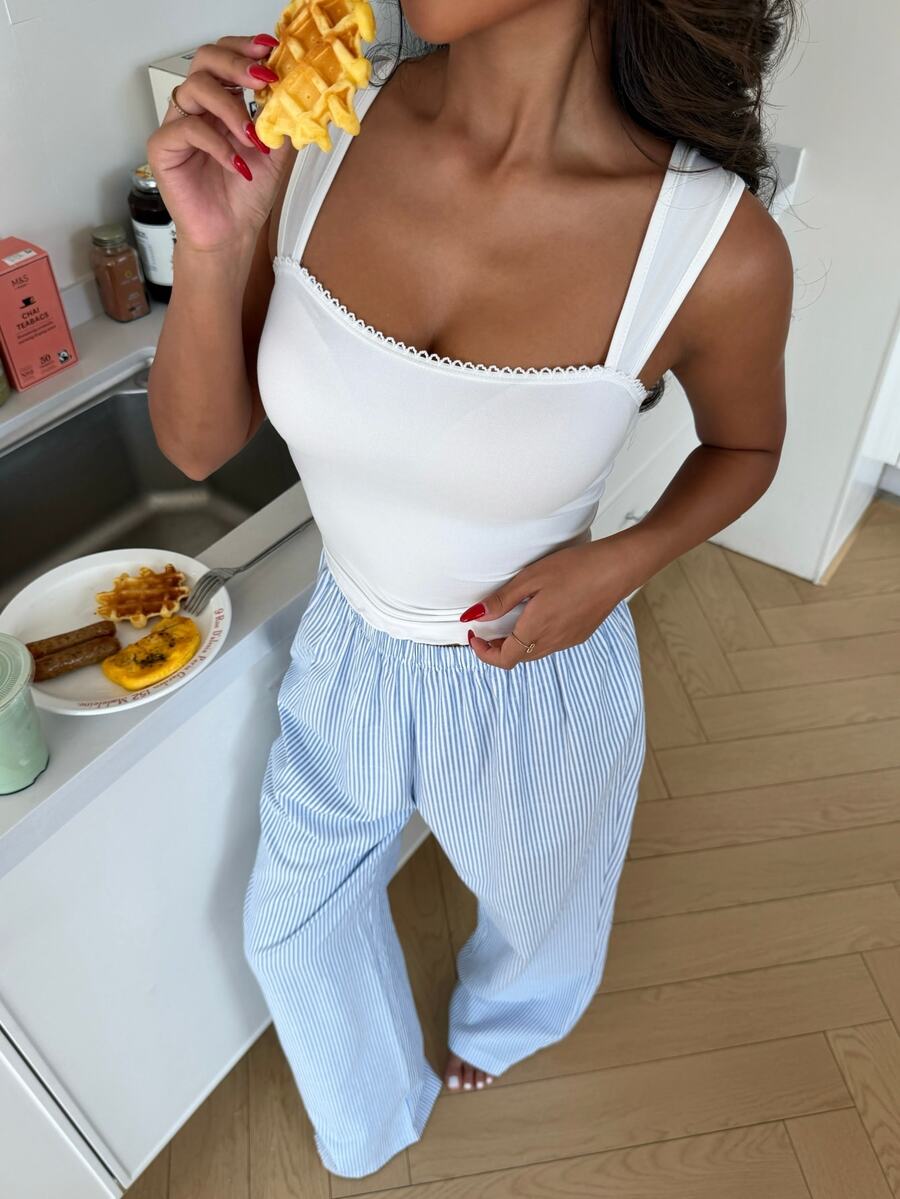 ZzzCrew Women's Casual Comfortable Solid Color Lace Tank Top & Woven Striped Long Pants Pajama 2 Pieces Set - Multicolor - View 1
