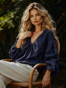 Breezaya Women's Solid Color V-Neck Lantern Sleeve Casual Blouse - Navy Blue - View 4