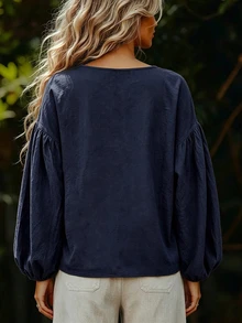 Breezaya Women's Solid Color V-Neck Lantern Sleeve Casual Blouse - Navy Blue - View 2