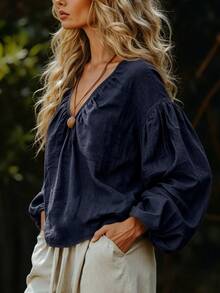 Breezaya Women's Solid Color V-Neck Lantern Sleeve Casual Blouse - Navy Blue - View 6