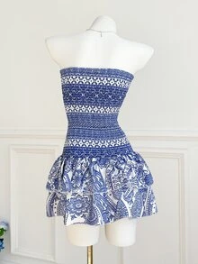 Elamini Vacation Casual Print Bandeau Dress - Blue and White - View 2