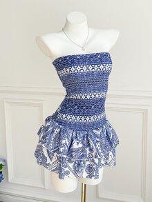 Elamini Vacation Casual Print Bandeau Dress - Blue and White - View 5