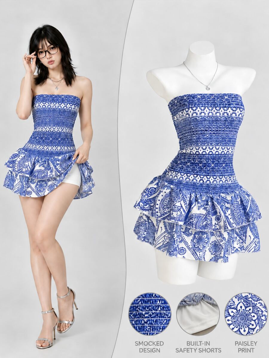 Elamini Vacation Casual Print Bandeau Dress - Blue and White - View 1
