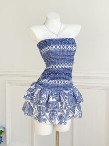 Elamini Vacation Casual Print Bandeau Dress - Blue and White - View 4