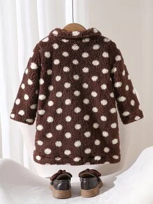 SHEIN 幼兒女童可愛棕色白色波點長袖鈕扣前開式夾克，標準版型，冬季假日保暖舒適，秋季休閒日常穿搭，柔軟舒適派對外套 - 彩色 - 查看 4