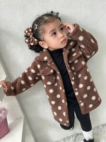 SHEIN 幼兒女童可愛棕色白色波點長袖鈕扣前開式夾克，標準版型，冬季假日保暖舒適，秋季休閒日常穿搭，柔軟舒適派對外套 - 彩色 - 查看 11