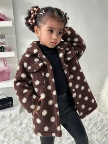 SHEIN 幼兒女童可愛棕色白色波點長袖鈕扣前開式夾克，標準版型，冬季假日保暖舒適，秋季休閒日常穿搭，柔軟舒適派對外套 - 彩色 - 查看 9