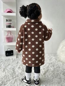 SHEIN 幼兒女童可愛棕色白色波點長袖鈕扣前開式夾克，標準版型，冬季假日保暖舒適，秋季休閒日常穿搭，柔軟舒適派對外套 - 彩色 - 查看 3