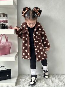 SHEIN 幼兒女童可愛棕色白色波點長袖鈕扣前開式夾克，標準版型，冬季假日保暖舒適，秋季休閒日常穿搭，柔軟舒適派對外套 - 彩色 - 查看 10