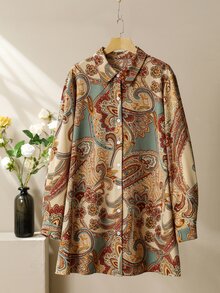 Lacomfia 大尺碼女款復古印花長袖襯衫與寬腿褲休閒套裝，秋季女裝，新款 - 彩色 - 查看 3