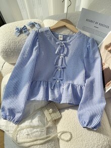 SHEIN 少女秋季上衣 優雅可愛休閒風 藍白條紋格紋蝴蝶結裝飾襯衫 適合假日與舒適校園穿搭 - 藍色 - 查看 7