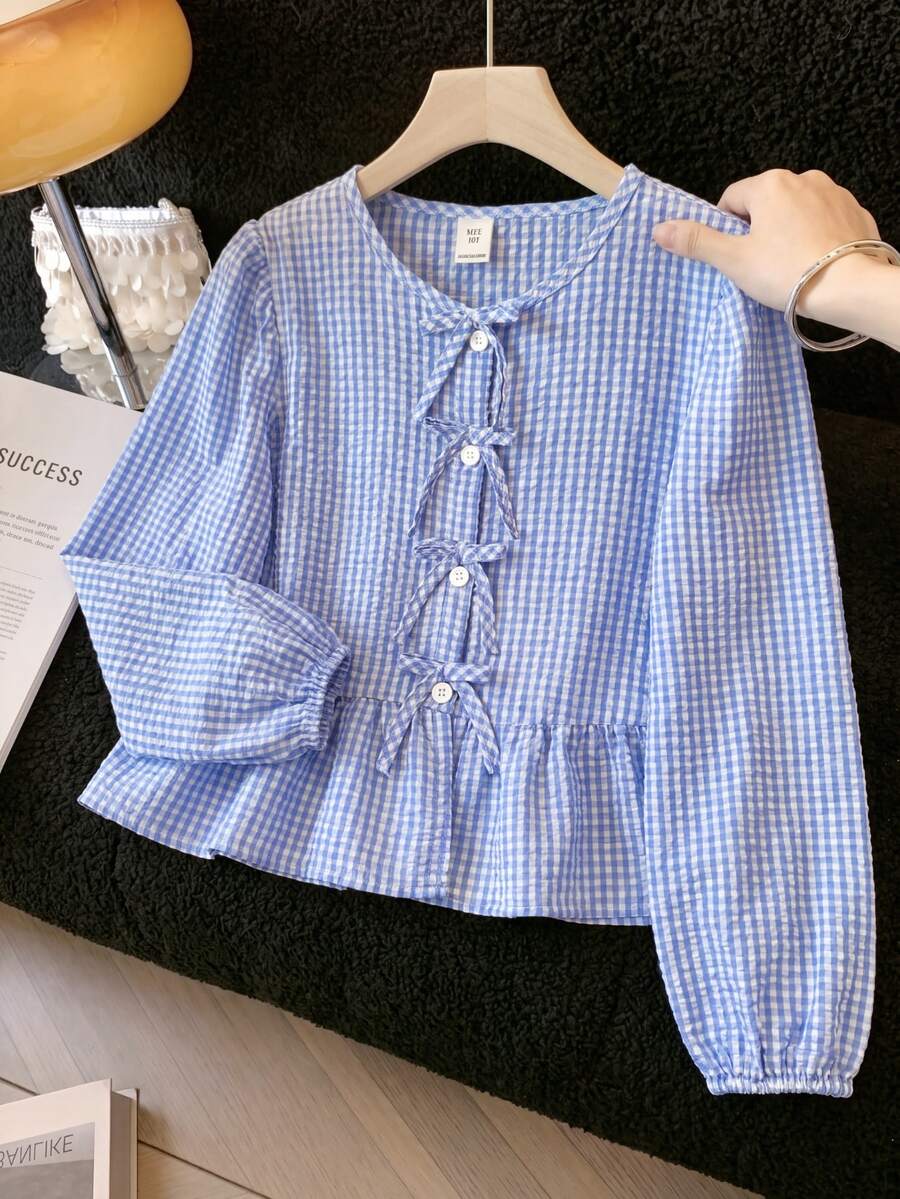 SHEIN 少女秋季上衣 優雅可愛休閒風 藍白條紋格紋蝴蝶結裝飾襯衫 適合假日與舒適校園穿搭