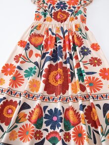 SHEIN Tween Girl Matching Beige Summer Boho Tropical Casual Tropical Vacation Holiday Floral Print Round Neck Cap Sleeve Dress Vacation Vacation - Multicolor - View 10